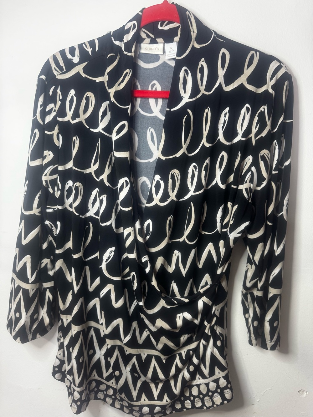 Chico's Black and White Abstract Print Draped Blouse